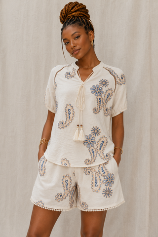Paisley Embroidered Linen Top