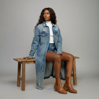 Distressed Long Denim Jacket