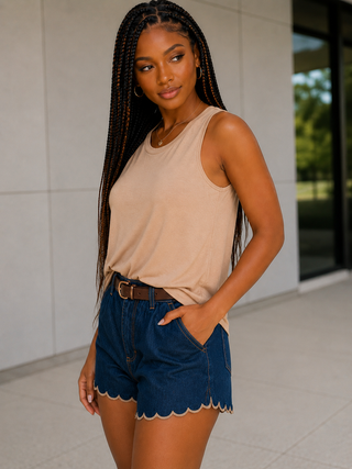 Scalloped Trim Denim Shorts